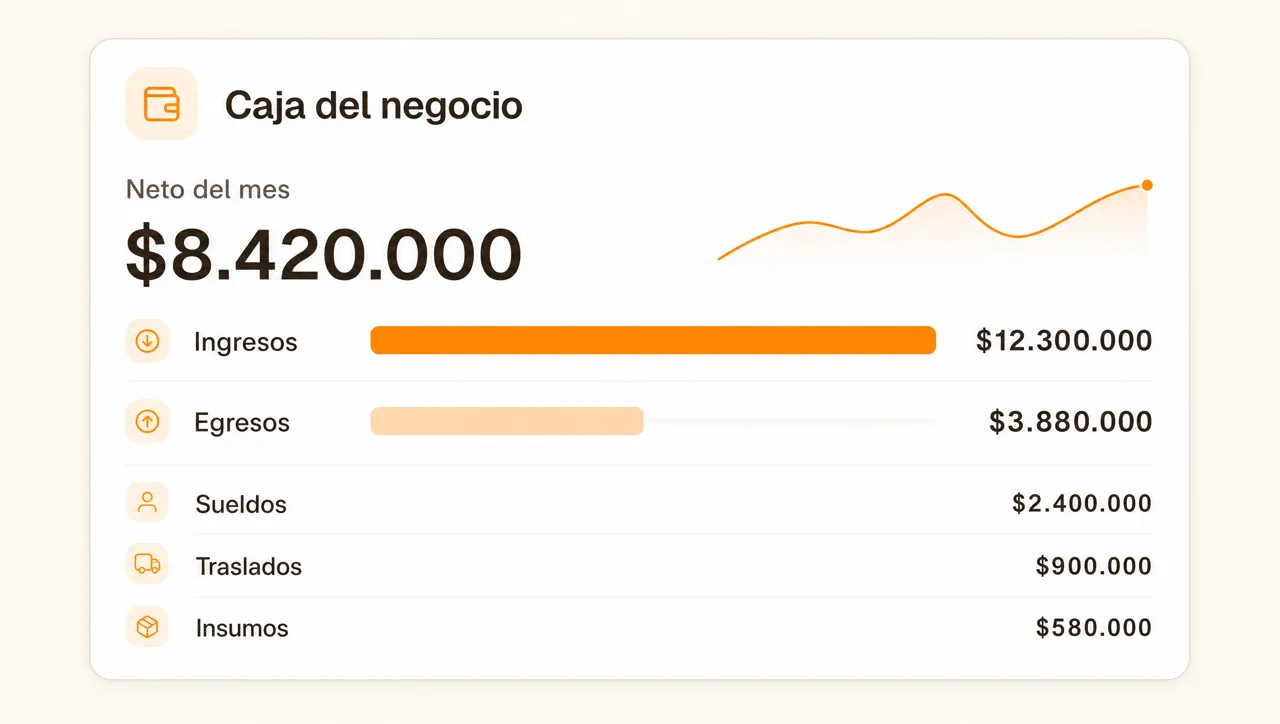 Panel de caja con neto del mes, ingresos y egresos