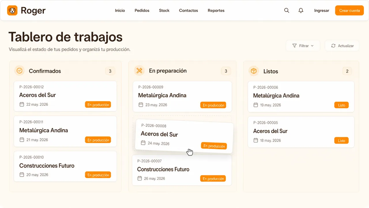 Tablero kanban con pedidos en tres columnas de estado