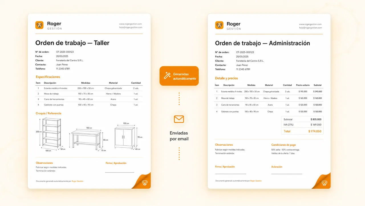 Dos órdenes de trabajo en PDF, para el equipo y administración