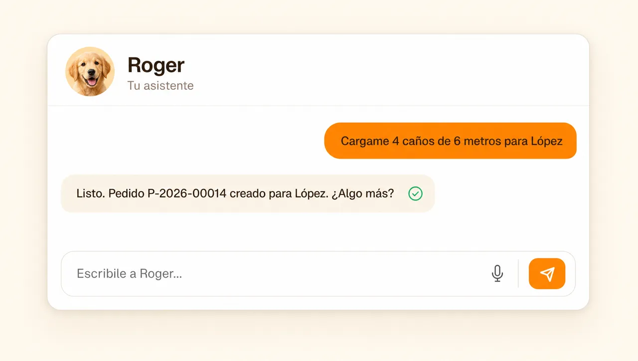 Chat con Rogelio creando un pedido a partir de un mensaje